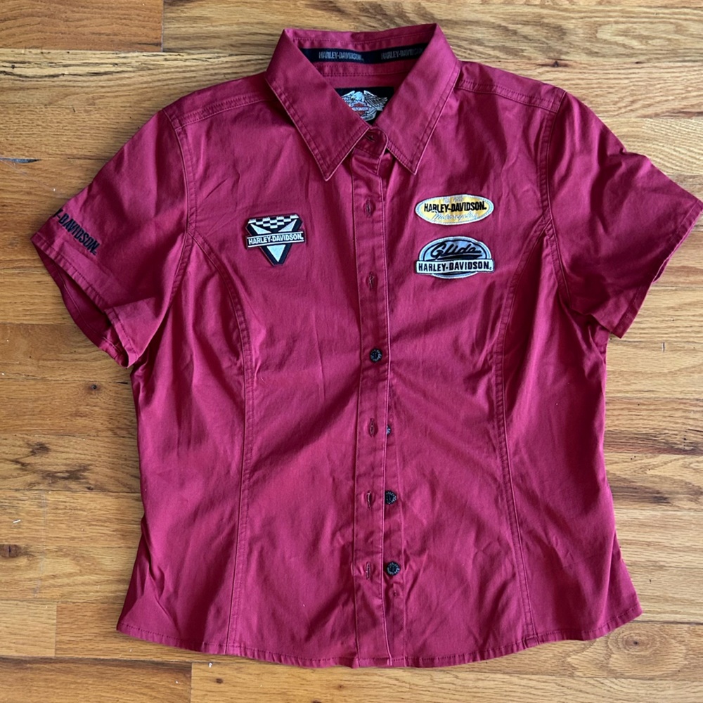 Harley Davidson Shirt Womens Large Red Button Up Patches Motorcycle w Tags